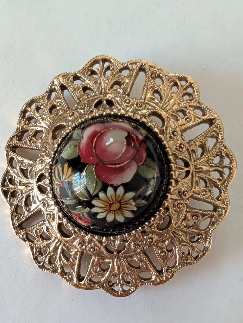Vintage Gold Tone Filigree Brooch with Pink and White Floral Cabochon